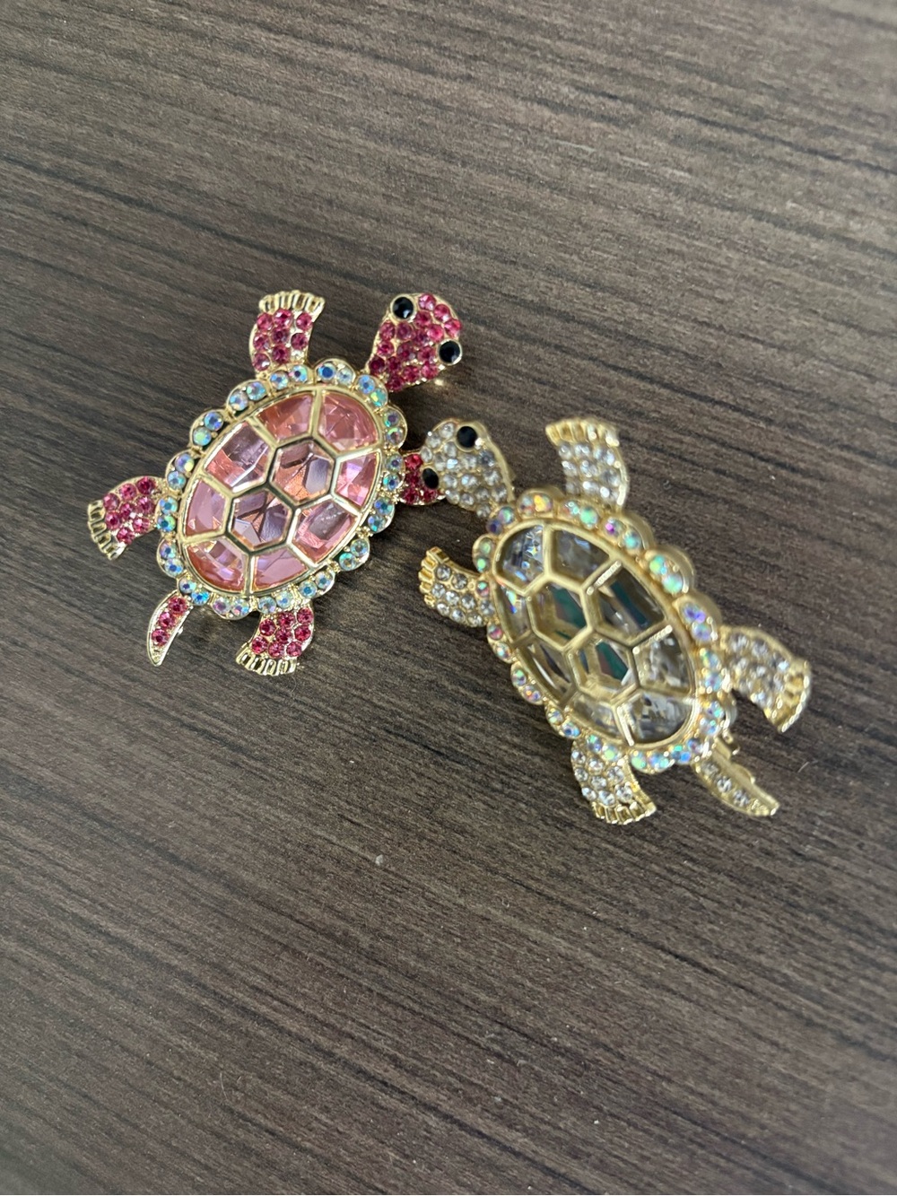 2 Rhinestone Turtle Brooches - Pink & Gold